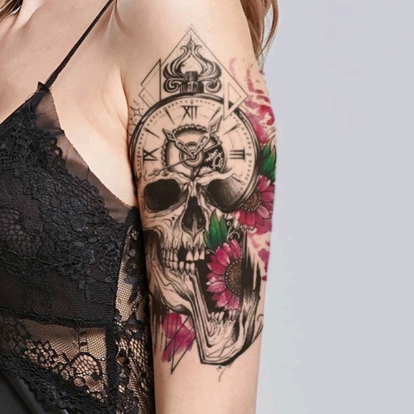7.5" Skull/Flower/Clock Temporary Tattoo - Picture 2 of 4